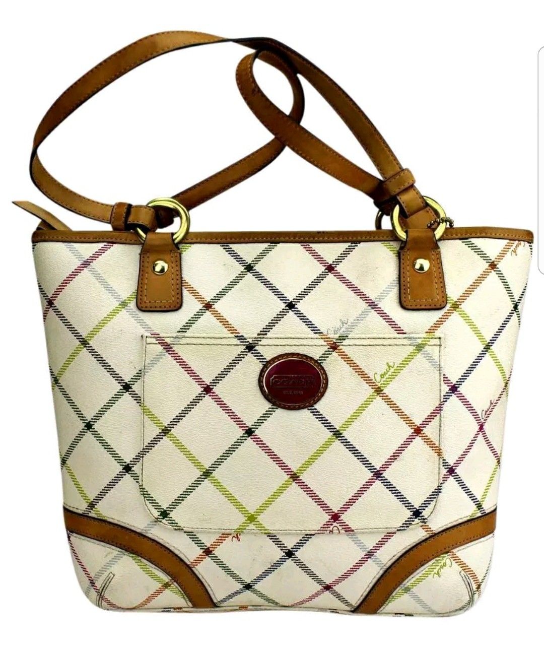 Coach Peyton Tattersall Tote Shoulder Bag F21863 White Multicolor
