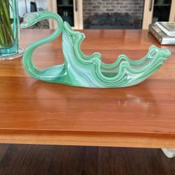  Vintage Green Swirls Marino Style Hand blown Art Glass Swan Blown Dish 