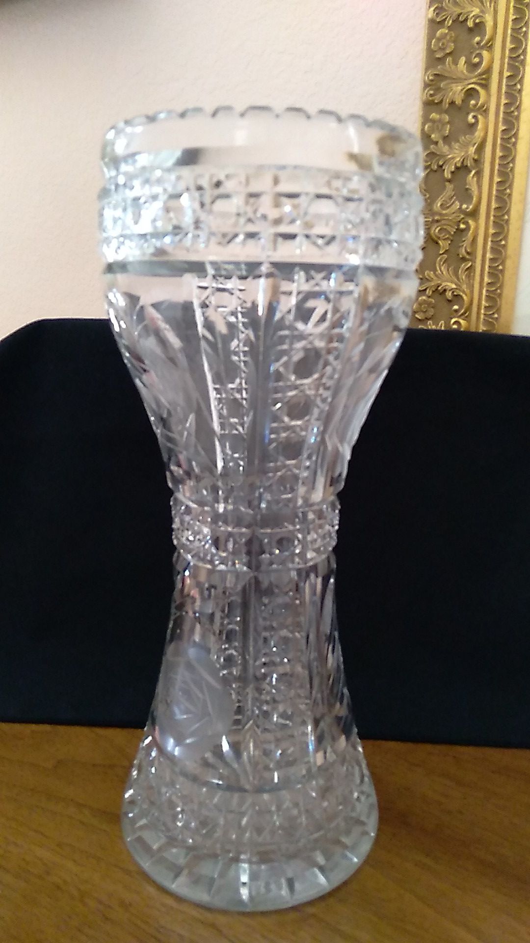 Heavy cut glass vase. 12" Tall