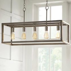 New Hampton Bay Boswell Quarter Brushed Nickel Farmhouse Linear Chandelier w/Weathered Wood Accents