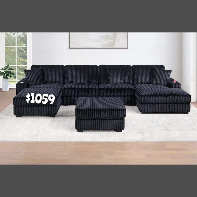 Black corduroy 6 pc modular sectional set 