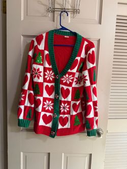 UGLY CHRISTMAS SWEATER Women's Cardigan Red White Green Sequins Glitter Size XS