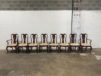 Set of 8 Queen Anne Chinoiserie Lacquer Dining Chairs Burgundy Gold Pagoda 2 Arm 6 Side Cabriole Legs