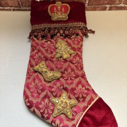 Merry Christmas Stocking Red Gold Embroidered Tassel Holiday Used ( 3A)