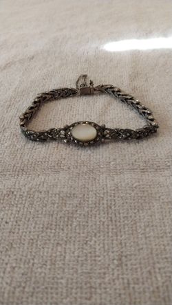 Vintage art deco marcasite & mother of pearl link bracelet with safety chain