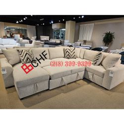 Beige Chenille Sectional Sleeper Sofa With Pull Out Bed And Hidden Storage 122 x 93.5 x 36H