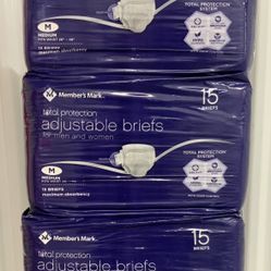 💎BRAND NEW💎 MEMBER'S MARK Packs, 15 Ct. Total Protection, Size Medium, Adult Disposabl Briefs Unisex... Value $30