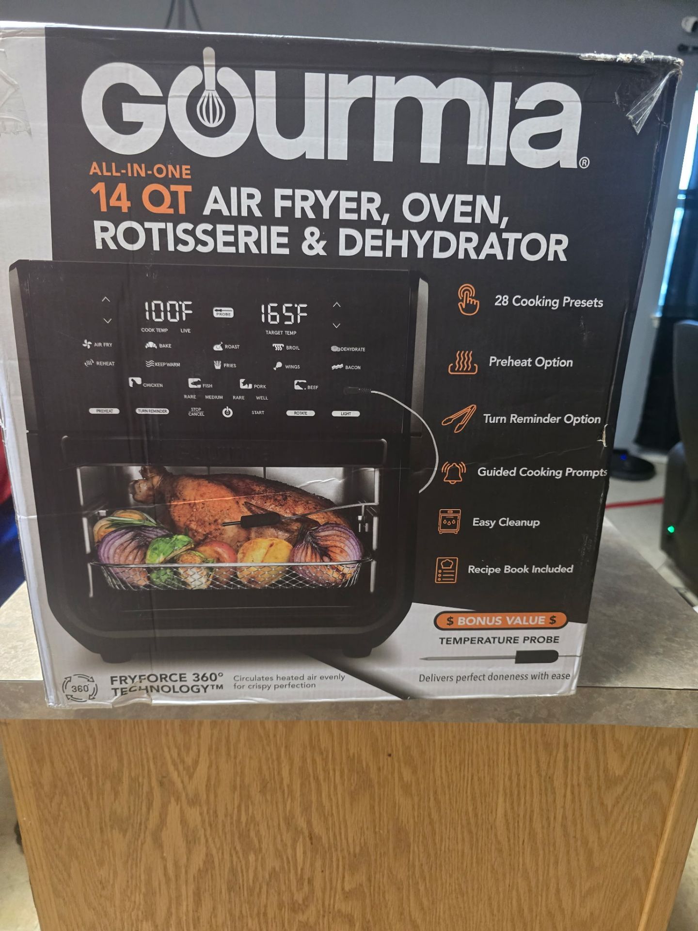 Gourmia All-in-One 14-Quart Air Fryer, Oven, Rotisserie, Dehydrator with Temperature Probe, Stainless Steel