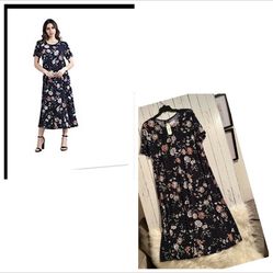 Stretchy Long Dress Short Sleeve Print