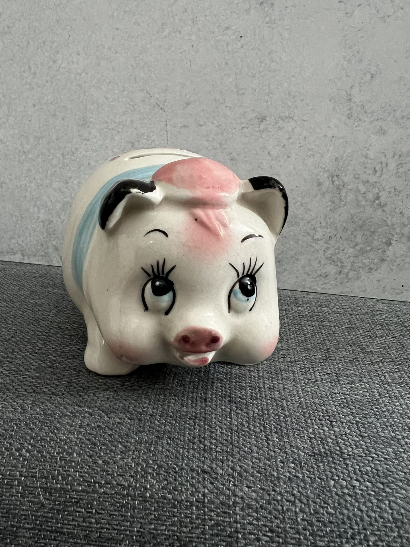 Vintage Ceramic Floral Pig with Hat & Scarf Piggy Bank Blue Pink Japan