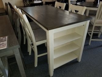 Brand new gray/off white counter high dining table (60"×30"×36"H) + 4 gray linen chairs