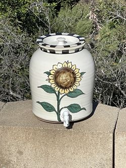 LARGE Ceramic Crock Beverage Dispenser - Hand Painted Sunflower w/ Lid