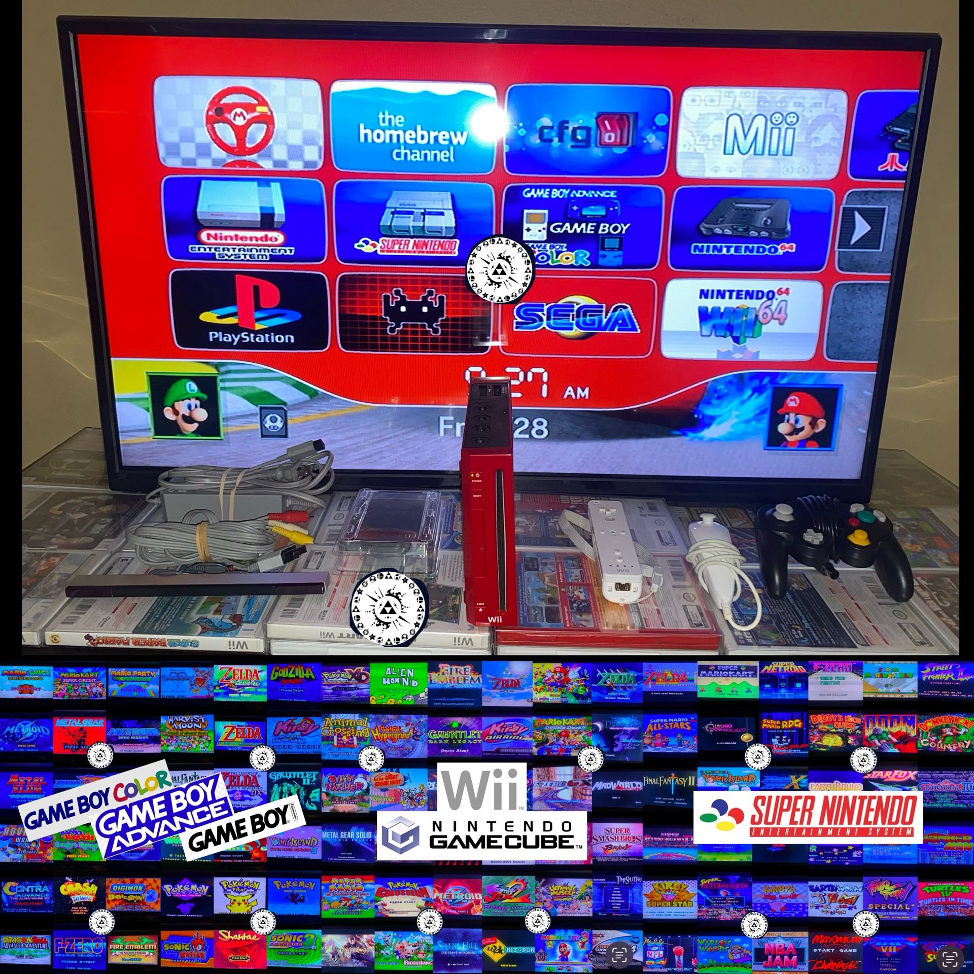 Nintendo Wii In Red w/ 1 TB HD & 7000+ Wii, Gamecube, SNES, NES, GBA, Gameboy Color, N64, Sega, PS1, Arcade & More!