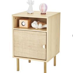 FAIRCRAFT-Linen Nightstand with Handmade Natural Rattan Drawers, Bedside Table, End Table, Rattan Side Table, Wood Nightstand, for Bedroom, Living Roo