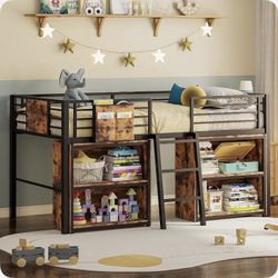 Low Loft Bed Twin Size, Metal Loft Bed with 2 Storage Cabinets, 25 Heavy Duty Steels Support Slats, Twin