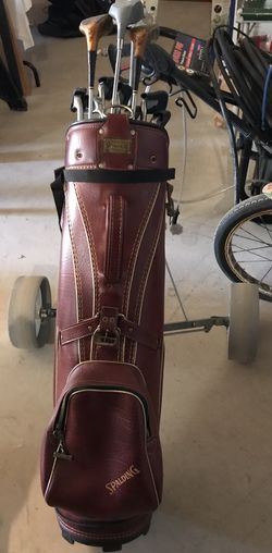 Antique Spalding Golf Bag, Cart & Clubs