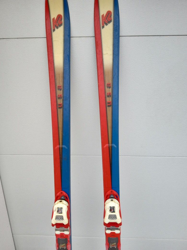K2 Three 78 Skis with Salomon Bindings. Red White Blue USA