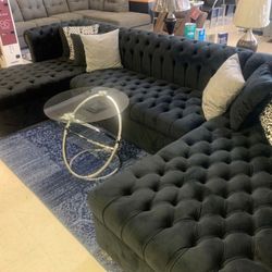 Lauren Velvet Black Double Chaise Sectional /couch 