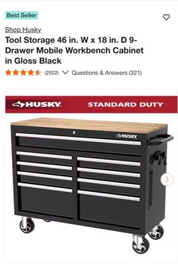Tool Storage 46 in. W x 18 in. D 9-Drawer Mobile Workbench Cabinet in Gloss Black