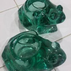 Vintage Indiana Glass Frog Candle Votive Holder Spanish Green Paperweight 5 x 3”