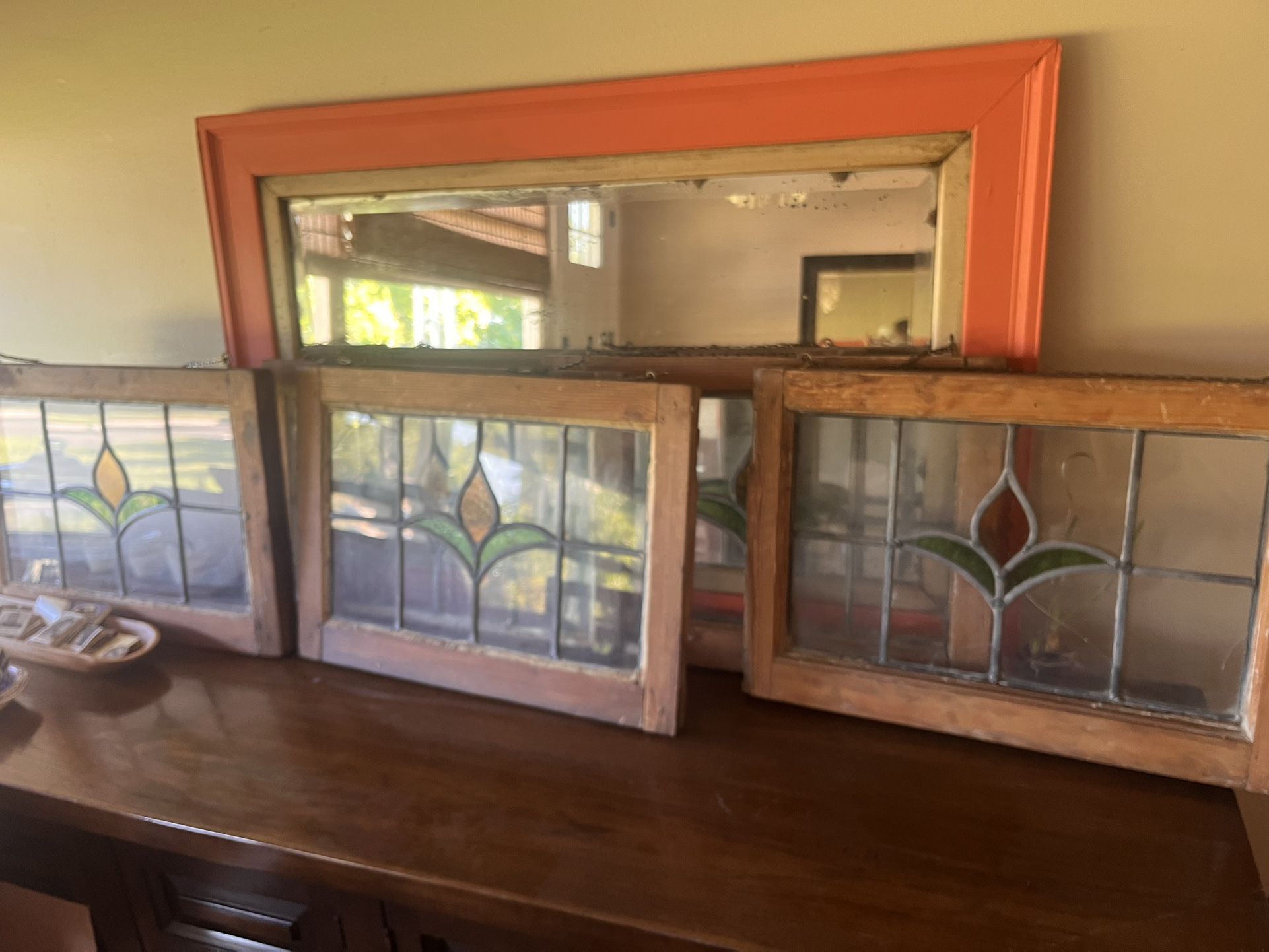 5 Antique Glass Window Panes - 20”x14” With Chains For Hanging