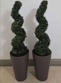 *** JUST REDUCED *** PAIR of 3ft Faux Boxwood Spirals in 18in Dark Brown Planters (2 for $100) @ Lasting Creations