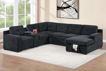 Brand New Slate Chenille Fabric Comfy Pullout Sectional W Cupholders & Charging