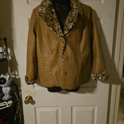 Vintage Terri Lewis Classic Luxuries Leather Coat With Faux Leopard Lining