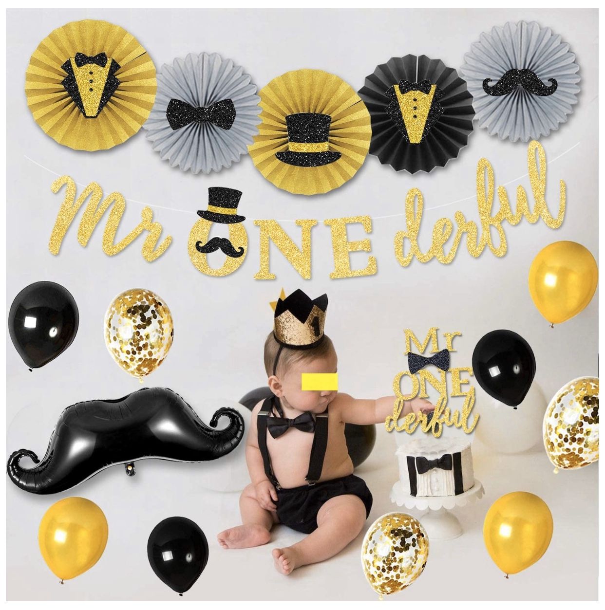 NEW Mr. ONE-derful 1st Birthday Party Decorations, Gold Cake Smash Photoshoot