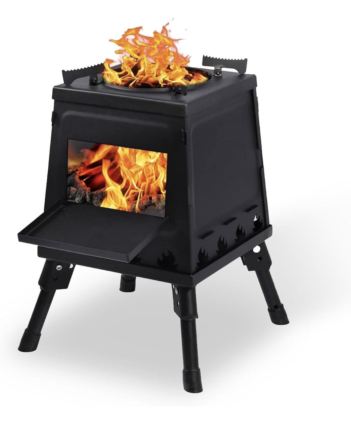 Camping Wood Stove, Portable Wood Burning Camp Stove with 4 Pack Leg Extenders, Black Woodstove with Carrying Case for Backpacking Outdoor Cooking (Sm