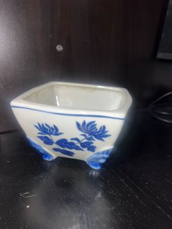 blue and white square porcelain planter with chinoiserie floral motifs