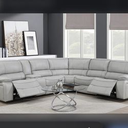 New Grey Leather Comfy Reclining Modular Sectional Set 