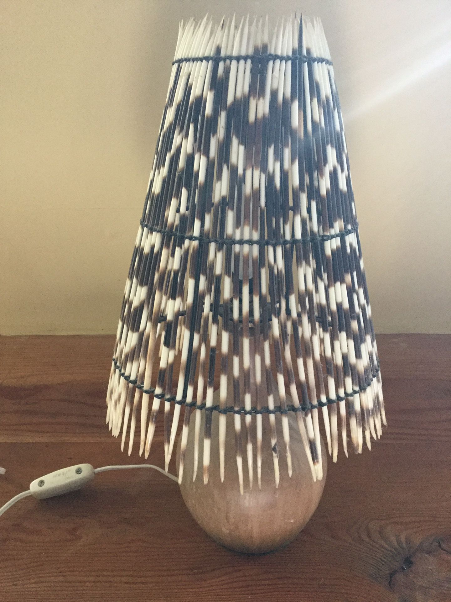 Cape porcupine quill lampshade on ceramic lamp