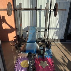 Weight Bench, Bar, Curl, And Dumbbells