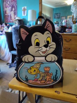 Black faux leather Loungefly mini backpack featuring Figaro the cat