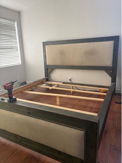 Cal-King Size Rustic Wood and Upholstered Bed Frame