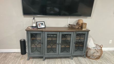 Gray Wood TV Console Cabinet with Glass Doors