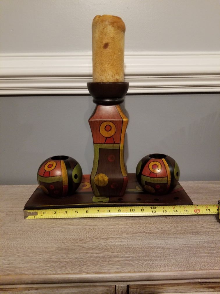 Candleholders and Plate; black, brown, rust, olive; 2 votive holders; large candle holder; candle not included- $20