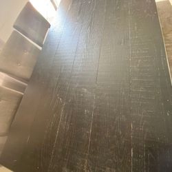 Large 6 Person Dining Room Table Black Wood And Gray Cushion Chairs With Bench And Credenza