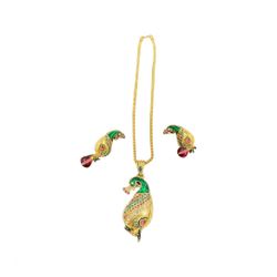 Gold Indian Peacock Pendant Set with Earrings