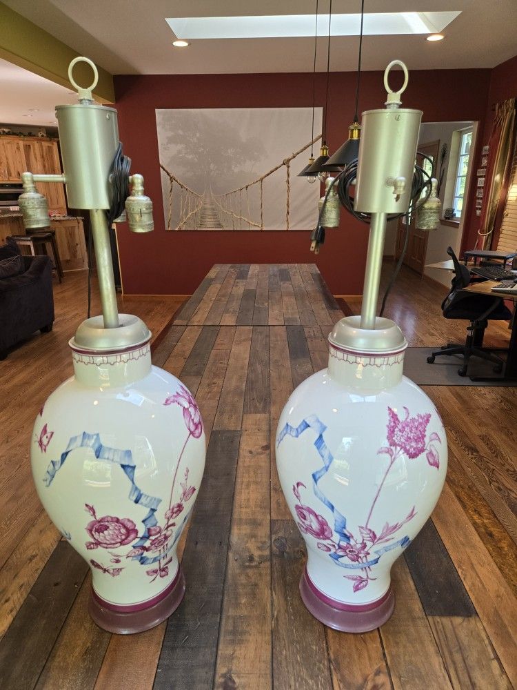 Vintage Ginger Jar Lamps, 35" tall, one light socket is broken and that lamp won't power on,