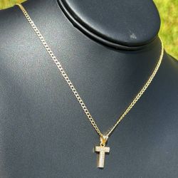 Jewelry 14k yellow two tone gold curb chain necklace 20.50” 2.50 mm width CZ 0.30CTW  Letter "T" pendant charm