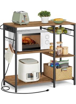 Kitchen Baker’s Rack, Steel Frame, Wire Basket, 6 Hooks Coffee Bar, Microwave Oven Stand, for Mini Oven, Modern basic, Honey Brown and Matte Black, BA