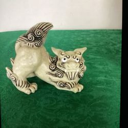 Vintage Foo Dog Figurine Cut Stone With Intricate Black Trim 4” X 4” Approximately 