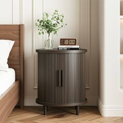 Round Nightstand Side Table, 20" Mid Century Modern Nightstand with Fluted Sliding Tambour Door, Side Table with 2 Tier Storage to Snack or Object for