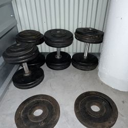 York Weights 55lb Set And 65lb Set. Also Two 10pb York Plates 