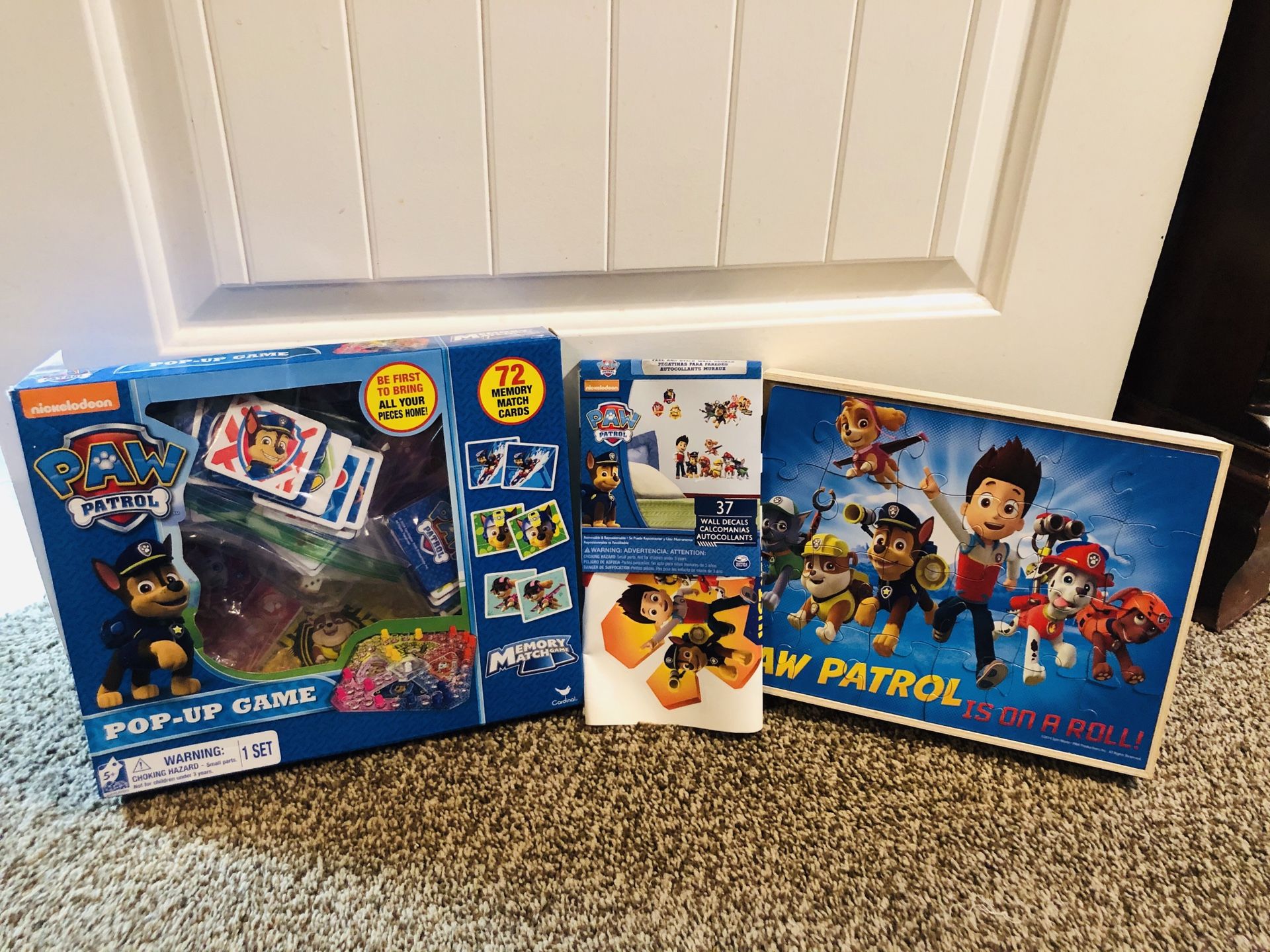 Paw Patrol game, 5 puzzle set, & wall decals.