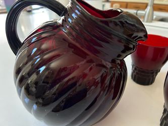 Vintage Red Ruby Glass Pitcher w/ 4 glasses