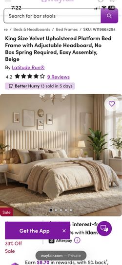 King Size Velvet Upholstered Platform Bed Frame with Adjustable Headboard, No Box Spring Required, Easy Assembly, Beige