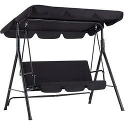 3-Seat Outdoor Steel Porch Swing with Canopy, Swing Glider-Black, Free Standing Porch Swing